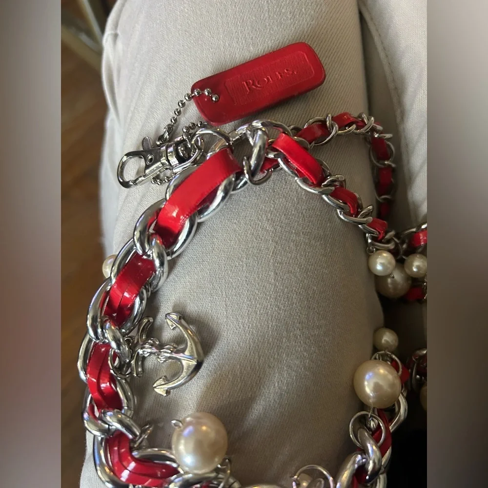 ⚓️Vintage Nautical Charm Silver Link Chain Red Leather Belt Anchor Rolfs